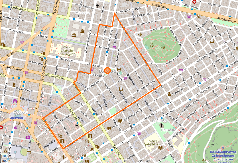 Street map of Exarchia Neighborhood in Central Athens from openstreetmap.org